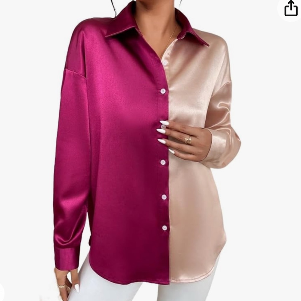 Womens Blouses Drop Shoulder Satin Shirt Long Sleeve Tops
